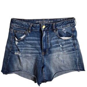American Eagle hi-rise shortie medium wash lightly distressed cutoff short 14